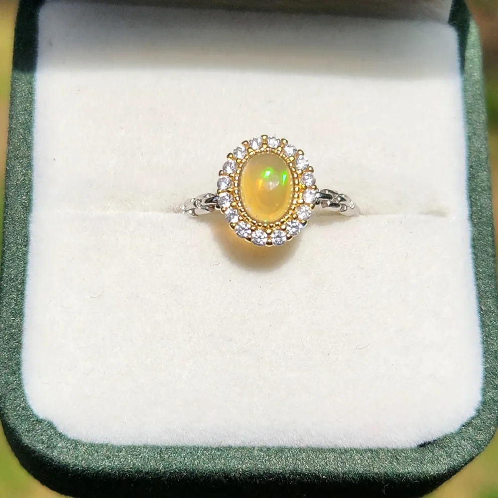 S925 opal ring with colorful flash and zircone - adjustable size band